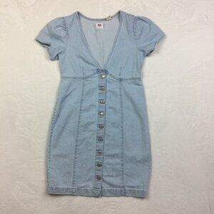 Vtg Levi's Mini Jean Dress XS Womens Blue Denim Button Up V-Neck Short Sleeve